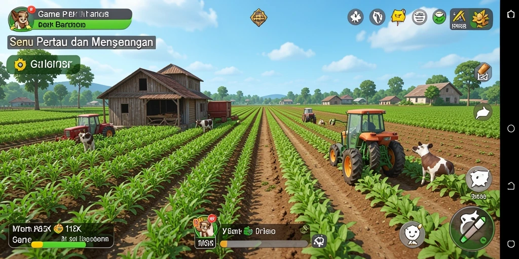Screenshot gameplay 116X menampilkan kebun yang rimbun dan hewan ternak.