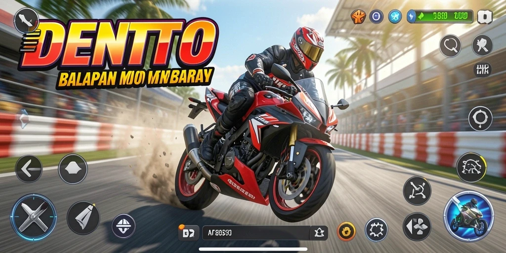 Tampilan utama gameplay DENTOTO yang menampilkan balapan motor seru.