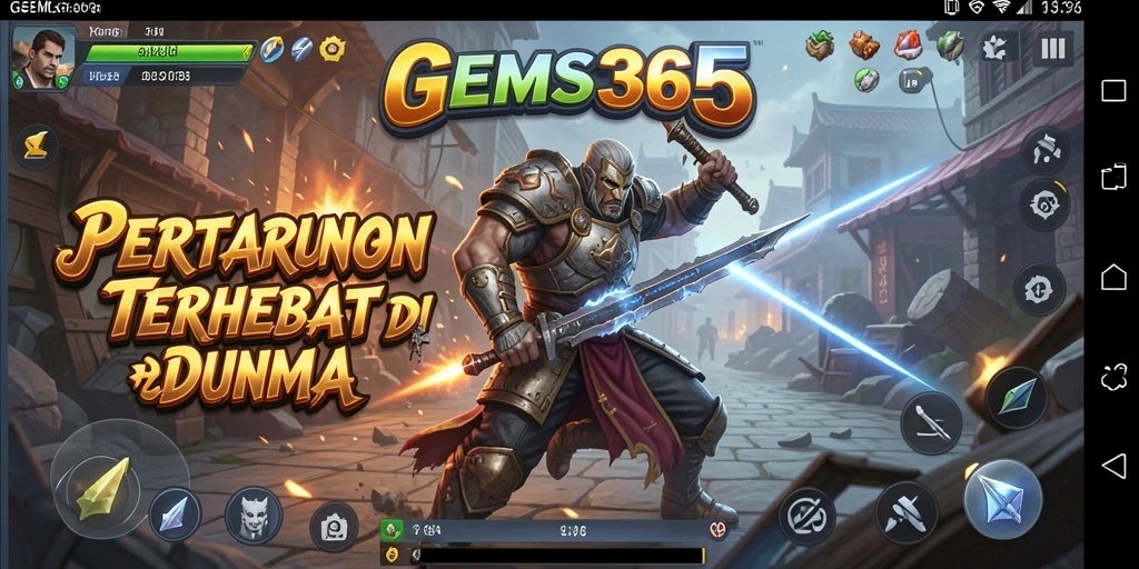 Screenshot utama GEMS365 menampilkan aksi pertarungan yang intens.