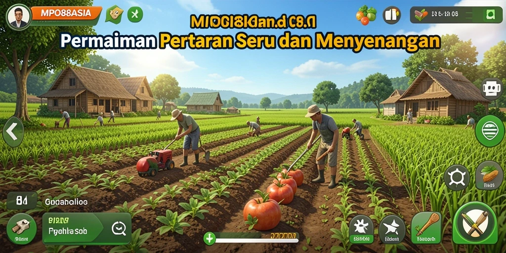 Screenshot gameplay MPO88ASIA menampilkan petani yang sedang memanen tanaman.