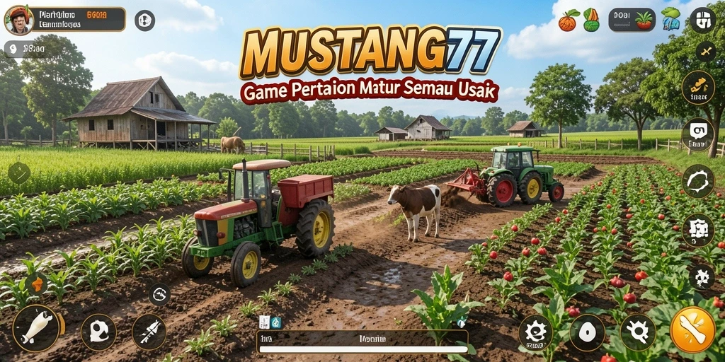 Tampilan screenshot gameplay MUSTANG77 yang menunjukkan aktivitas bertani yang menyenangkan.