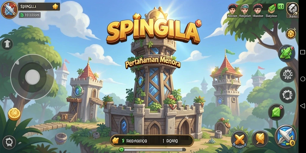 Tampilan menarik dari gameplay SPINGILA yang menampilkan menara dan musuh.
